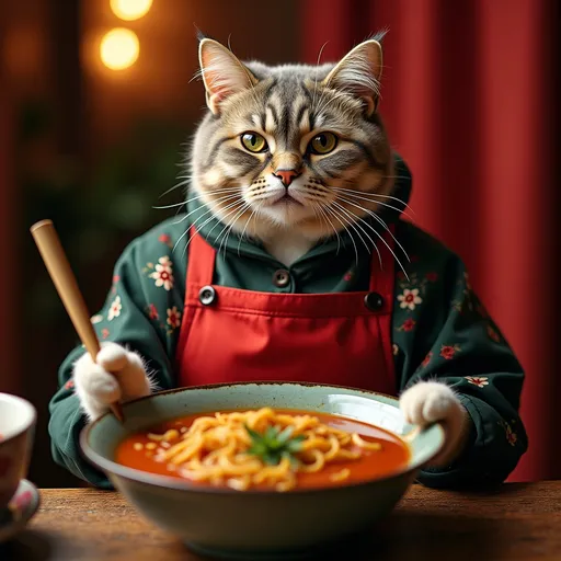 Prompt: a front shot featuring a cat cooking ramen and looking at viewer (elegantly styled), wearing stunning Rabanne couture, fashion-forward Chef outfit, soft glamorous lighting, (vibrant colors) enhancing her captivating aura, striking pose, luxurious fabric details, high-fashion background, richly decorated surroundings, emphasizing sophistication and glamour, (ultra-detailed), modern aesthetics, chic and stylish ambiance, capturing the essence of a fashion icon.