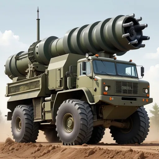 Prompt: A military truck with big tyres. Angle is side ways. Truck has a big drill machine on the roof directing towards forward. It is an vector graphics image