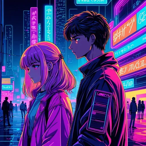 Prompt: anime, girl and boy, detailed, shy, neon city, lonely, synthwave, very detailed
