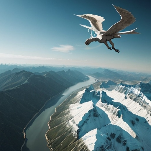 Prompt: Dream scape of flying on top of mountains and rivers