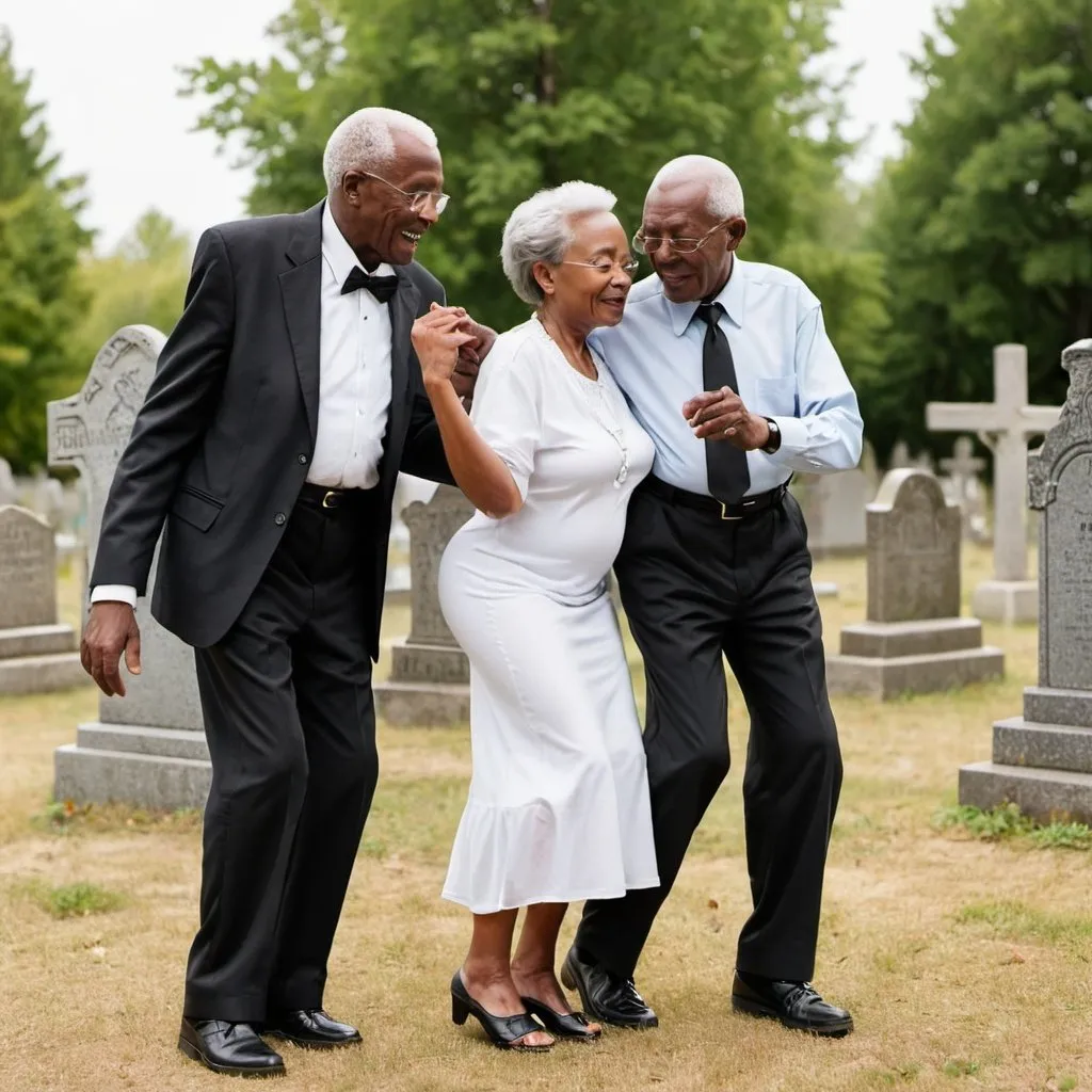 Prompt: elderly black couple dancing in a graveyard