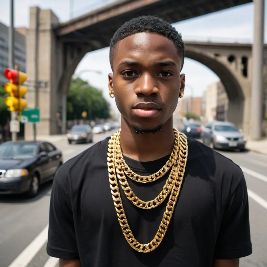 Prompt: Young black man wearing thick gold chain with a bottom grill standing at a traffic light by a bridge in the city