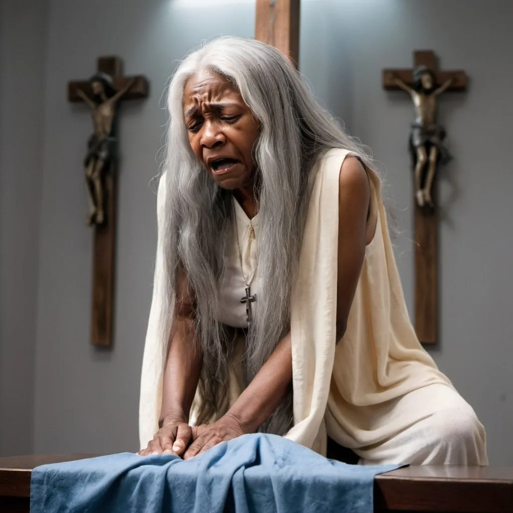 Prompt: older black woman with long grey hair crying in front of the crucifixion