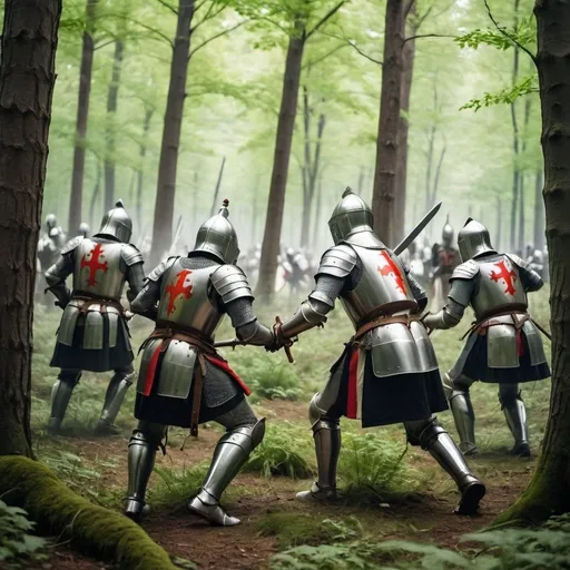 Prompt: knights in a forest fighting 