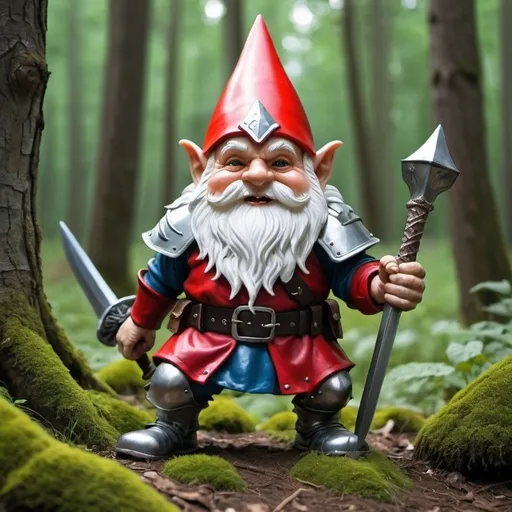 Prompt: Very powerful gnome in a forest fighting knights 