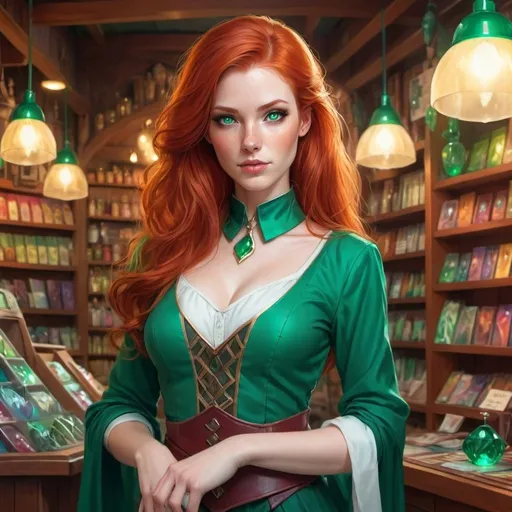 Prompt: A beautiful redhead woman with emerald eyes who is a clerk in a fantasy shop wearing fantasy clerk garb, Artgerm, fantasy art. Vivid colors.