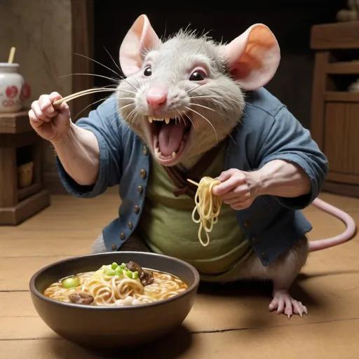 Prompt: A smiling rat is about to get stepped on by an ogre, the ogre is eating ramen and yodeling very loudly, so he can't hear the rat screaming