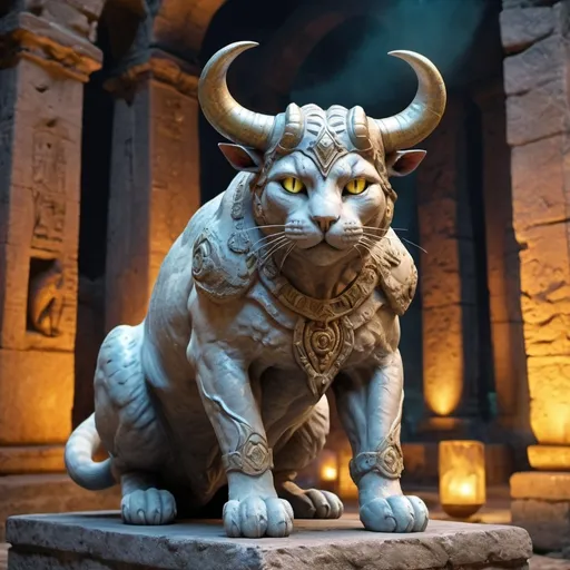 Prompt: (cat-minotaur hybrid), creative and unique design, detailed textures, (enigmatic expression), anthropomorphic features, dynamic pose, vivid colors with a mystical aura, background of ancient ruins, atmospheric lighting, enchanting, high depth, 4K ultra-detailed, captivating blend of feline grace and mythical strength.