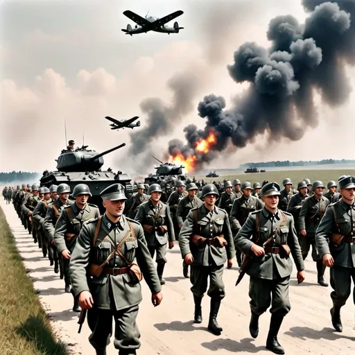 Prompt: army of ww2 german soldiers with machine guns marching into poland (add tanks and planes in the background) 