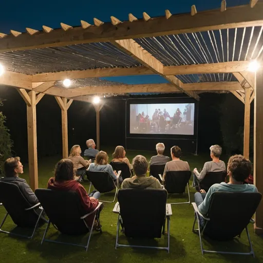 Prompt: Group of people sitting on chairs in a homemade cinema under a pergola