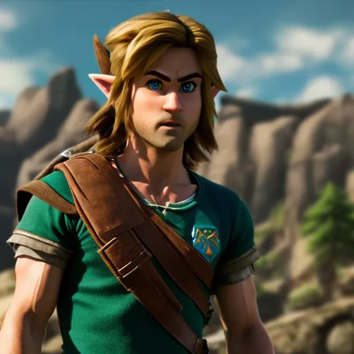 Prompt: Photo-realistic image of Link from The Legend of Zelda portrayed by a famous actor, ultra details, natural light, light background, photo, 