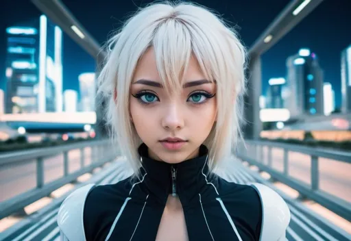 Prompt: beautiful futuristic manga girl looking to the camera with the futuristic manga style city on the background

