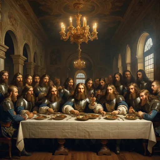 Prompt: Russian soldiers grand dining scene, baroque art style, opulent atmosphere, detailed uniforms, rich tones, warm lighting, high quality, the last supper Leonardo da Vinci