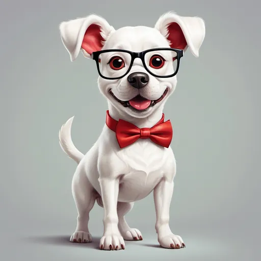 Prompt: a white cartoon dog with glasses standing up with 2 legs with a red bow tie