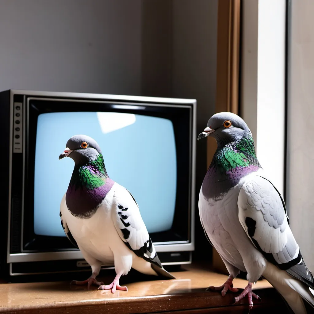 Prompt: 2 pigeons watching a tv on the window 