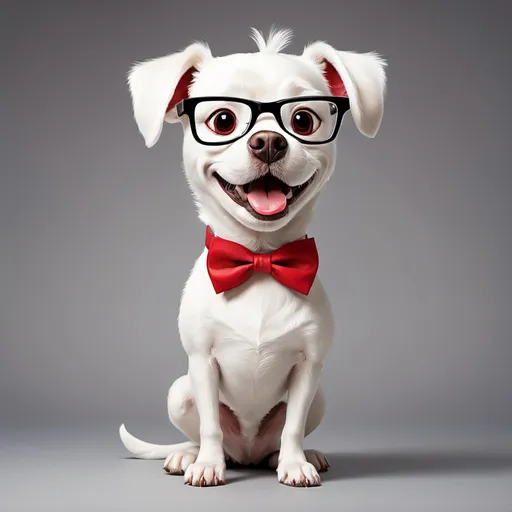 Prompt: a white cartoon dog with glasses standing up with 2 legs with a red bow tie