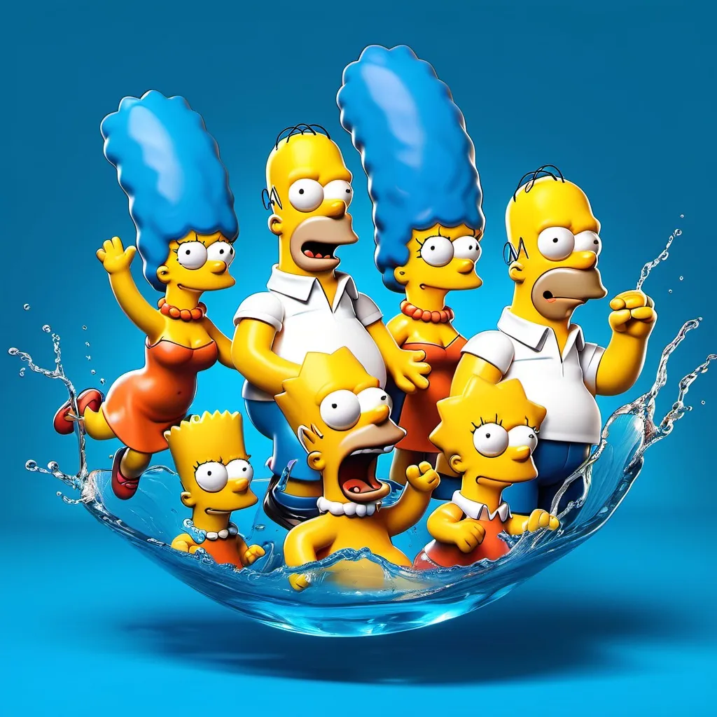 Prompt: 3d Simpsons splash in a blue background 