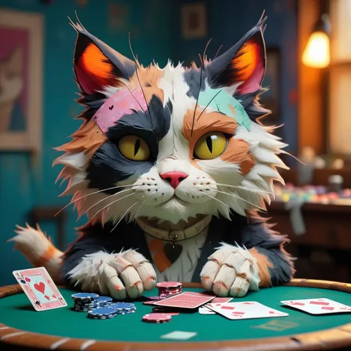 Prompt: "wabi sabi, minimalist tattered stuffed lovely funny calico cat, the cat is playing poker, ,jon klassen and rebecca sugar style, oilpainting, background is neon colours gritty texture