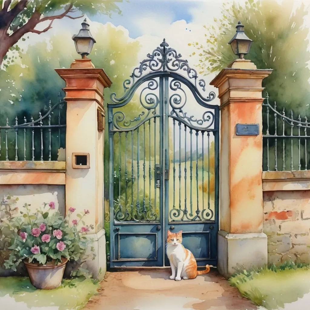 Prompt: country house with cat, ornate iron gate , watercolour painting
