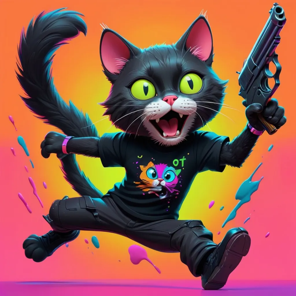 Prompt: cat with gun,wearing black t shirt,leaping pose, very cute,very detailed, neon colors, illustration, neon impasto background