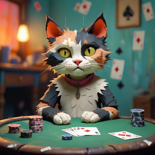 Prompt: "wabi sabi, minimalist tattered stuffed lovely funny calico cat, the cat is playing poker, ,jon klassen and rebecca sugar style, oilpainting, background is neon colours gritty texture