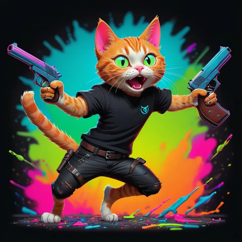 Prompt: cat with gun,wearing black t shirt,leaping pose, very cute,very detailed, neon colors, illustration, neon impasto background