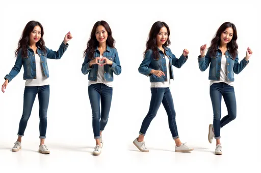 Prompt:  character eb369b0d with long dark hair, full lips, denim jacket, light makeup Multiple instances of the same character in different poses on a white background. The character is shown: Dancing: mid-dance move, arms and legs in rhythmic motion, joyful expression. Making a heart shape: hands forming a heart shape in front of the chest, warm smile. Kicking: one leg extended in a kicking motion, arms for balance, determined look. Walking: mid-stride, one foot in front of the other, natural arm swing, casual pose. Background: Clean white background, providing a pristine backdrop. Ample space between poses. Character design consistent across all poses. Arrange poses in a visually pleasing composition across the image.