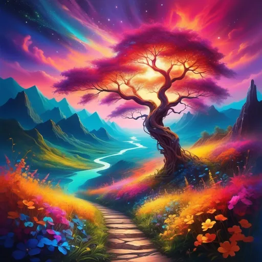 Prompt: (realism style), (vibrant color scheme), dynamic journey, exploring creative potential, infinite paths branching into vibrant dreams, luminous skies filled with inspiration, immersive landscape, vibrant flora symbolizing growth, ethereal glow enveloping the scene, inviting atmosphere, ultra-detailed, showcase of artistic expression, motivational ambiance, concept of self-discovery and limitless possibilities.