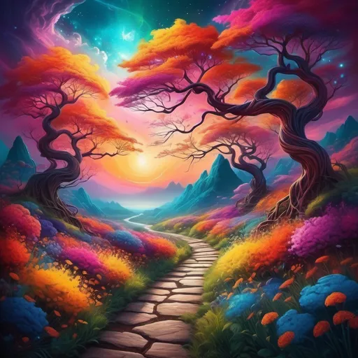 Prompt: (realism style), (vibrant color scheme), dynamic journey, exploring creative potential, infinite paths branching into vibrant dreams, luminous skies filled with inspiration, immersive landscape, vibrant flora symbolizing growth, ethereal glow enveloping the scene, inviting atmosphere, ultra-detailed, showcase of artistic expression, motivational ambiance, concept of self-discovery and limitless possibilities.