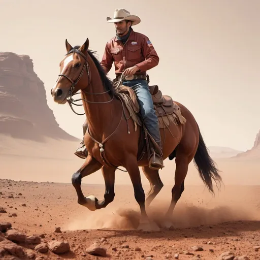Prompt: A cowboy riding a brown horse on rough ground on Mars.