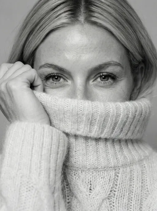 Prompt: An intimate, cozy black and white close-up. Clothing: A chunky, oversized turtleneck cable-knit mohair sweater pulled up by her hand to cover the lower half of her face. Pose: Only her eyes are visible, sparkling with warmth, wing-tipped eyeliner. Lighting: Soft, wrap-around "clamshell" lighting to emphasize the fuzziness of the yarn and the detail in her iris. Camera: Canon R5, 100mm Macro, shallow depth of field, creamy bokeh.
Ultra-realistic human skin texture with natural imperfections. Visible pores, fine lines, subtle wrinkles, faint freckles, micro-blemishes, and uneven skin tone. Natural oil sheen on skin (not glossy), realistic light absorption, soft specular highlights. Asymmetrical facial anatomy, natural facial proportions, slight left/right variation in eyes, lips, and jawline. Fine baby hairs along hairline and face, individual eyebrow and eyelash strands visible. Realistic skin translucency with subsurface scattering (SSS), depth in cheeks, nose, and forehead. No smoothing, no beauty filter, no airbrushing, no waxy skin, no plastic texture. True-to-life texture retention in highlights and shadows. Photographic realism only - not stylized, not painterly, not CGI.