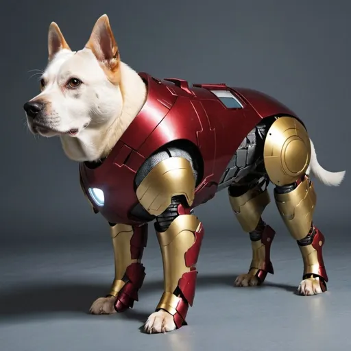 Prompt: create an image of a dog using an iron man armor for a dog