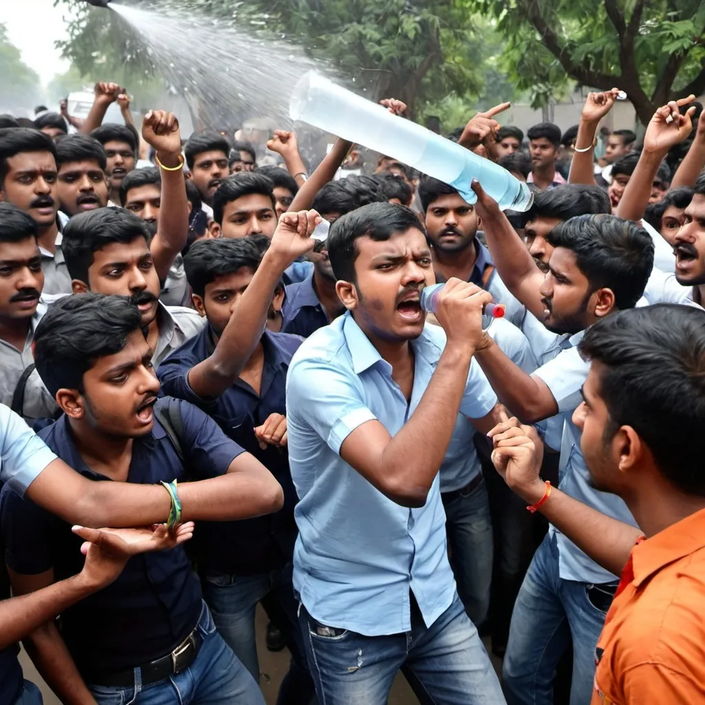 Prompt: Students protest against NEET paper leak, angry students, police put water cannon on them,