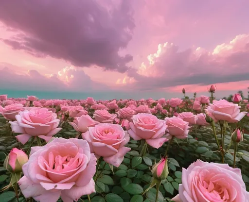 Prompt: a field of pink roses with green leaves on them and a sky background with clouds in the background and a pink sky, Aya Goda, neo-romanticism, roses, a picture