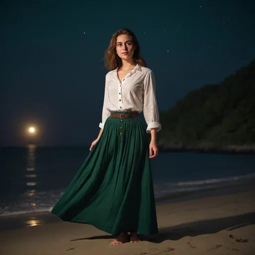 Prompt: A young woman dressed in a forest green long skirt and buttoned front blouse. Standing at the seashore at night