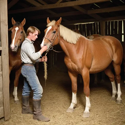 Prompt: A young man with blondish brown hair. In his mid - twenties  brushing down 2 strong work horses in a barn. In the year of approximately 1890