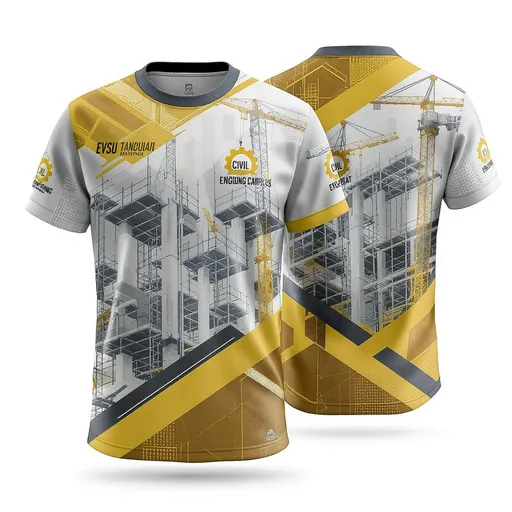 Prompt: A full-sublimation unisex T-shirt design for Civil Engineering students from EVSU Tanauan Campus. The front and back of the shirt should feature a dynamic construction-themed layout with overlapping beams, scaffolding, cranes, and structural lines. Use a color palette of gold yellow, white, light blue, and muted gray. Incorporate the bold text "CIVIL ENGINEERING" and a gear or blueprint icon subtly in the chest area. The back should emphasize “EVSU TANAUAN CAMPUS” below the construction graphics. The design should have a futuristic, professional, and bold engineering vibe, ideal for OJT (On-the-Job Training) student uniforms.

