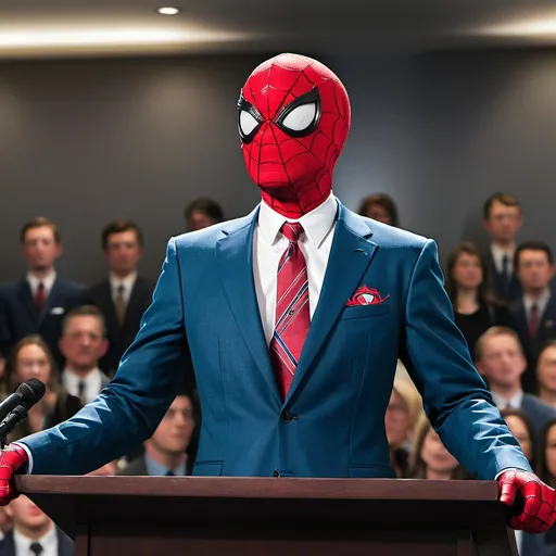 Prompt: Spider man in a suit giving a speech