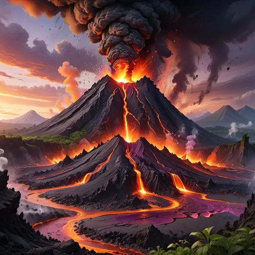 Prompt: (massive volcano), towering peak, molten lava cascading down, smoke billowing into the sky, surrounded by rugged terrain, lush green vegetation at the base, dramatic sunset sky with vibrant oranges and purples, (highly detailed landscape), epic scale, (4K, ultra-detailed), captivating atmosphere, a sense of awe and majesty.