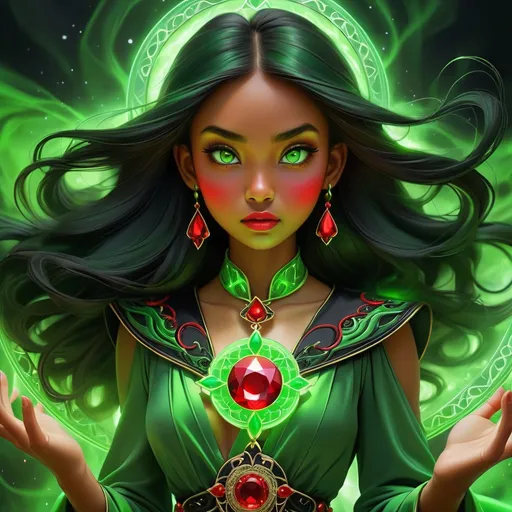 Prompt: Girl of green magic dressed in green. Charges of red and black energy disburst from green aura that surrounds her. Detail medallian red  jewel on dress