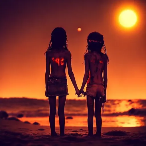 Prompt: On the beach during summer.
There is a moon eclipse on the back and red lights behind the moon.
A couple of girl holds her hands.
The camera watch the girls from behind. The girls are covered by blood and one of them has a blade.
A lot of zombies running towards the girl but we can see only the shape of the zombies.
The girls are in the foreground and the zombies are in the background.
The girls are not zombies.
Girls do not look at the camera.
The color are warm but the sky is dark and cold.
