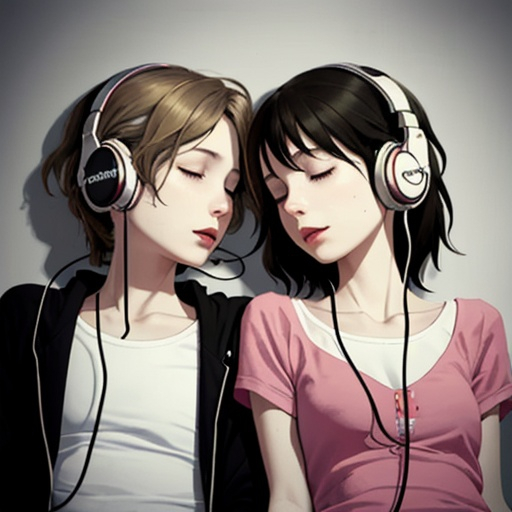 Prompt: Lovers with headphones on connected by the cord

