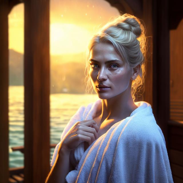 Prompt: Close-up photo of a blonde woman, 38 years old, beautiful face in front, in a towel, Renaissance, in a sauna, sweating at sunset, fantasy, fantastic, atmospheric, photorealistic, masterpiece, HDR, Greg Rutkowski, Edmund Leighton, Artgerm, WLOP, volumetric lighting, super detailed complex detailing, deep shadows, deep color, warm colors Unreal Engine 5 natural lighting
