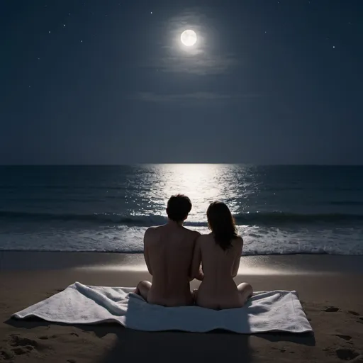 Prompt: At night, two lovers are sitting in the middle of the beach watching the sea. Fresh from the sea, they both share a towel. We see them from a distance, the only light around is the moonlight.