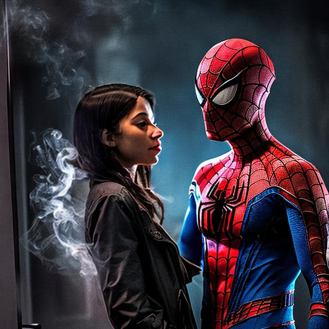 Prompt: a spider man smoking in the dark room with his girl frend
