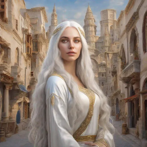 Prompt: beautiful 20 year old women with white hair, white eyebrows, light skin, realistic, ultrarealistic, high quality art, bright eyes, long hair, beauty, real, long hair, symmetrical, anime wide eyes, fair, delicate, medieval, standing on a busy street of an ancient city, royal