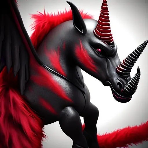 Prompt: Realistic Unicorn batwings demon pony hybrid blood red fur black hooves black mane and tail with red highlights Black Horn black eyes