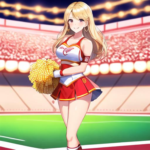 Prompt: gorgeous beautiful american USC university cheerleader song girl in white and red and gold USC cheerleader small uniform, white cheerleader skirt, full body shot, slender toned thighs, beautiful face, nice sweet smile, pretty white teeth, shoulder length hair, in a football stadium standing looking into camera, saturated colors, high quality, high resolution, hyper detailed, super detailed, render, CGI winning award, hyper realistic, ultra realistic, UHD, HDR, 64K, RPG, UHD render, HDR render  big b o o b s
