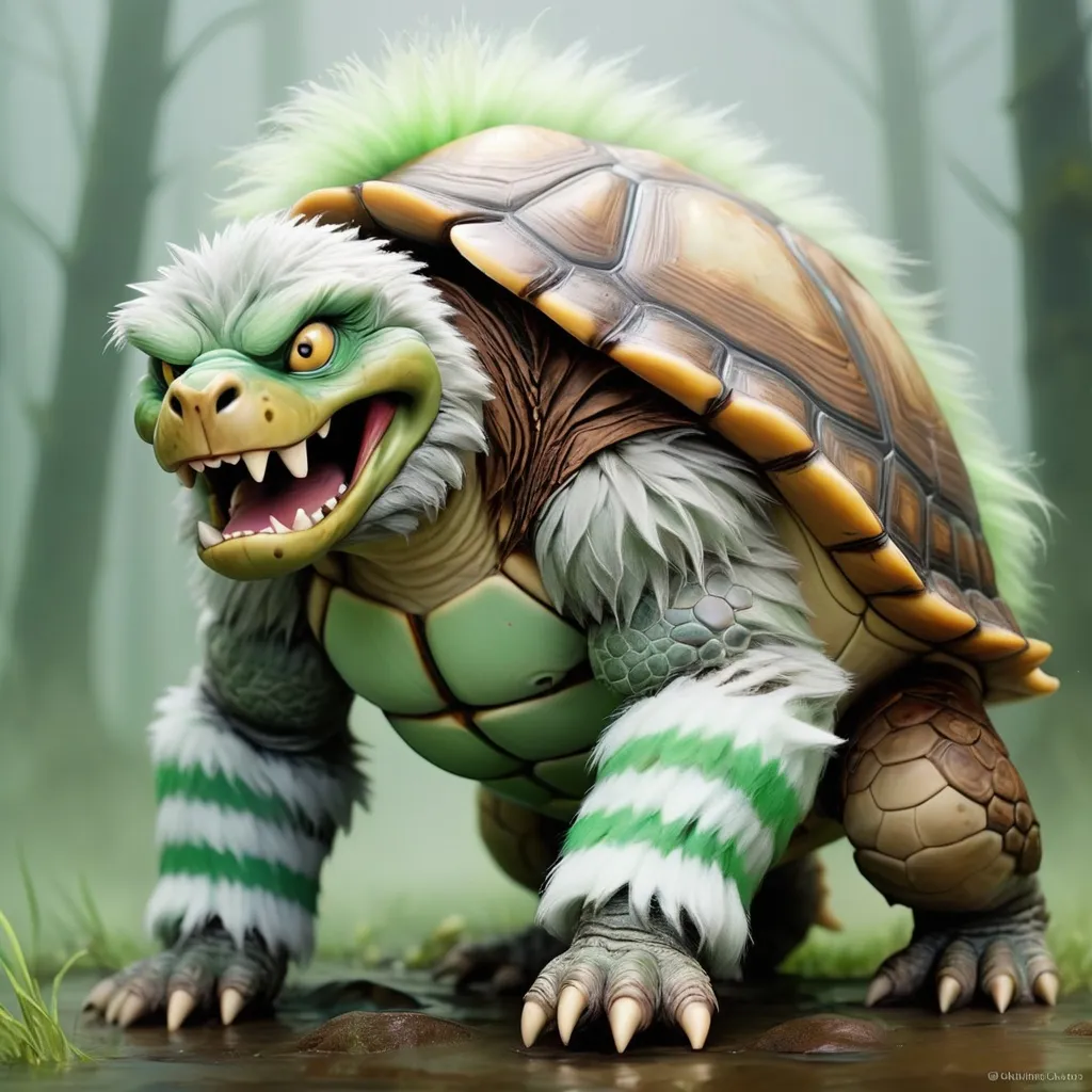 Prompt: Werewolf with green and white fur with light green stripes and a brown turtle bombshell, in mist and fog, Masterpiece, Best Quality