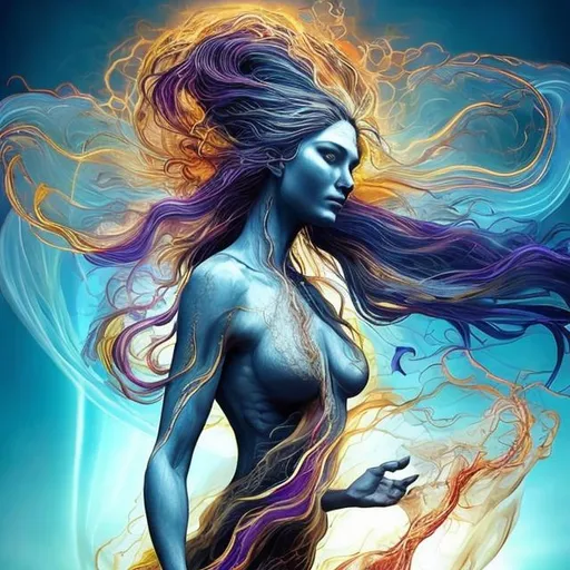 Prompt: spiritual intentions impeded by mental limitations. flowing from smooth balance to chaotic upheaval. Embracing existence for all of its nuances. (stunning woman, realistic, symbol for vitality)b o o b s